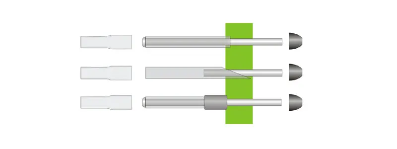 Joining tubes - Three examples of joining outer and inner tubes<br />
Top: A straight cut, inner tube going all through the outer.<br />
Middle: Slanted cut, inner tube just stuck into outer.<br />
Bottom: With rear weight. Outer tube shortened to fit.<br />
You tie the hackle/wing section on the part marked in green, right in front of the outer tube or weight. In the middle case the thread will secure the two tubes. In the two other cases the collar melted in the rear and front will keep things in place.